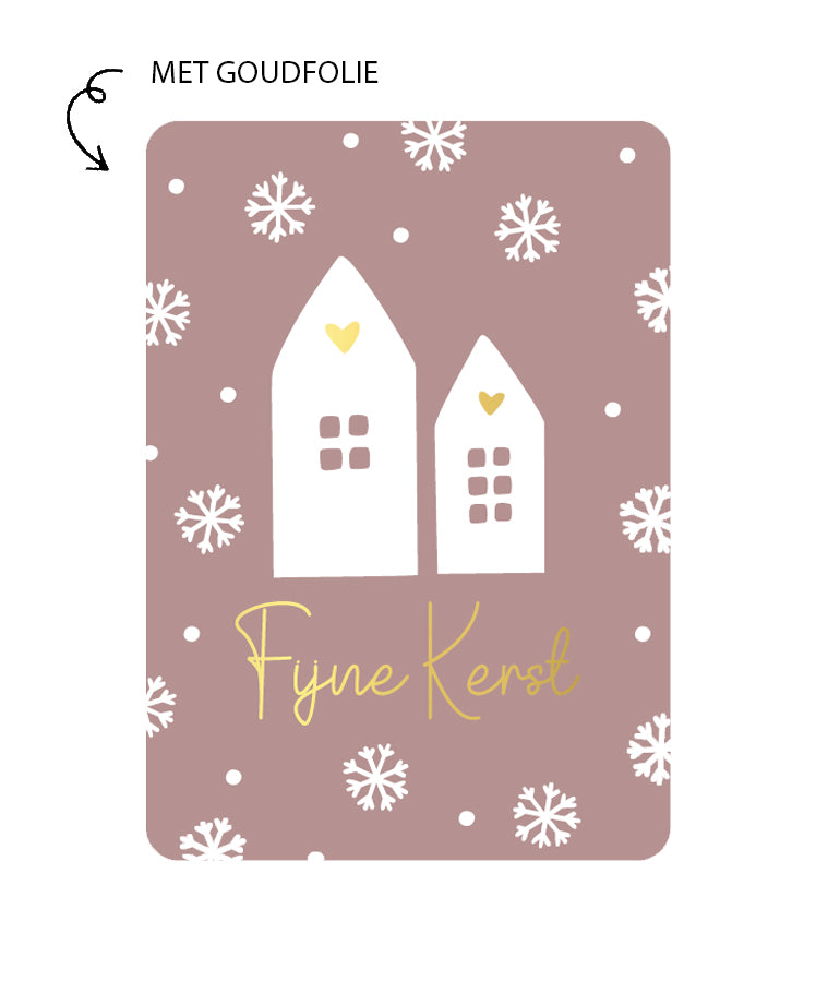 kaart fijne kerst huisjes met goudfolie