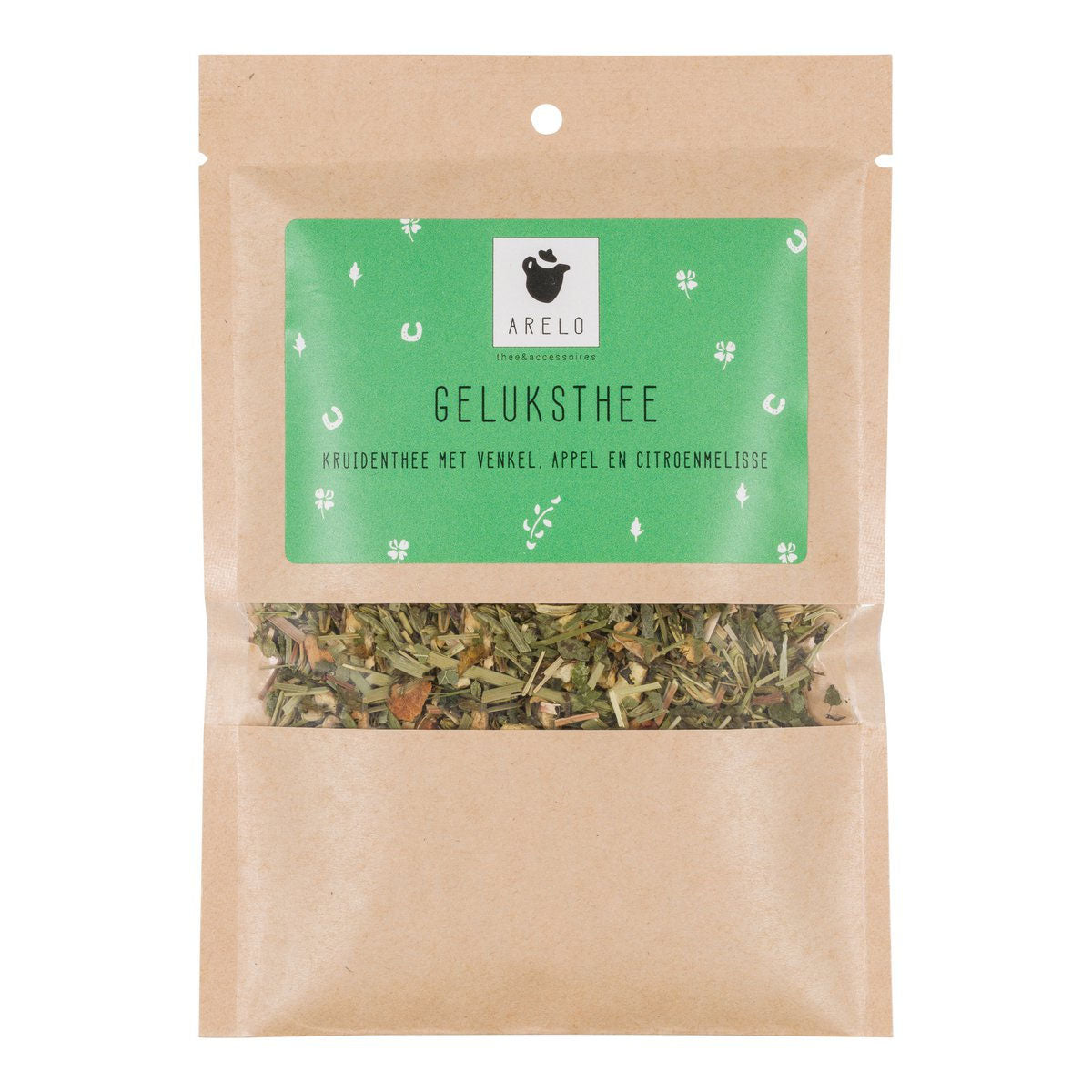 Geluksthee 25 gram in kraft zakje met venster en klavertjes vier en hoefijzers