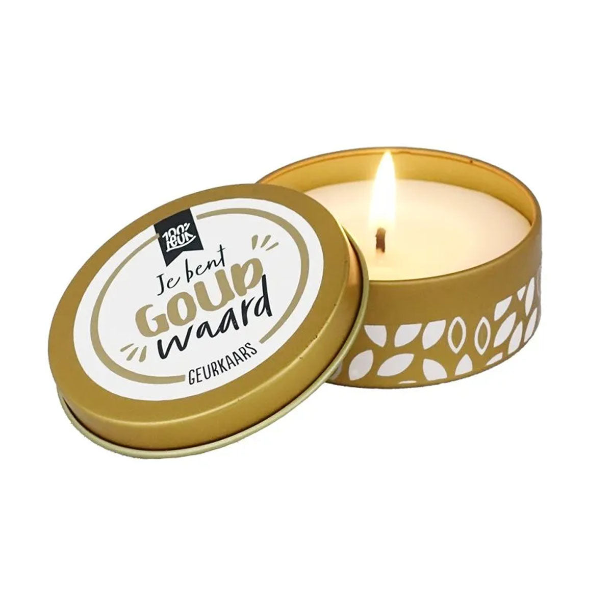 geurkaars in blik met de tekst je bent goud waard