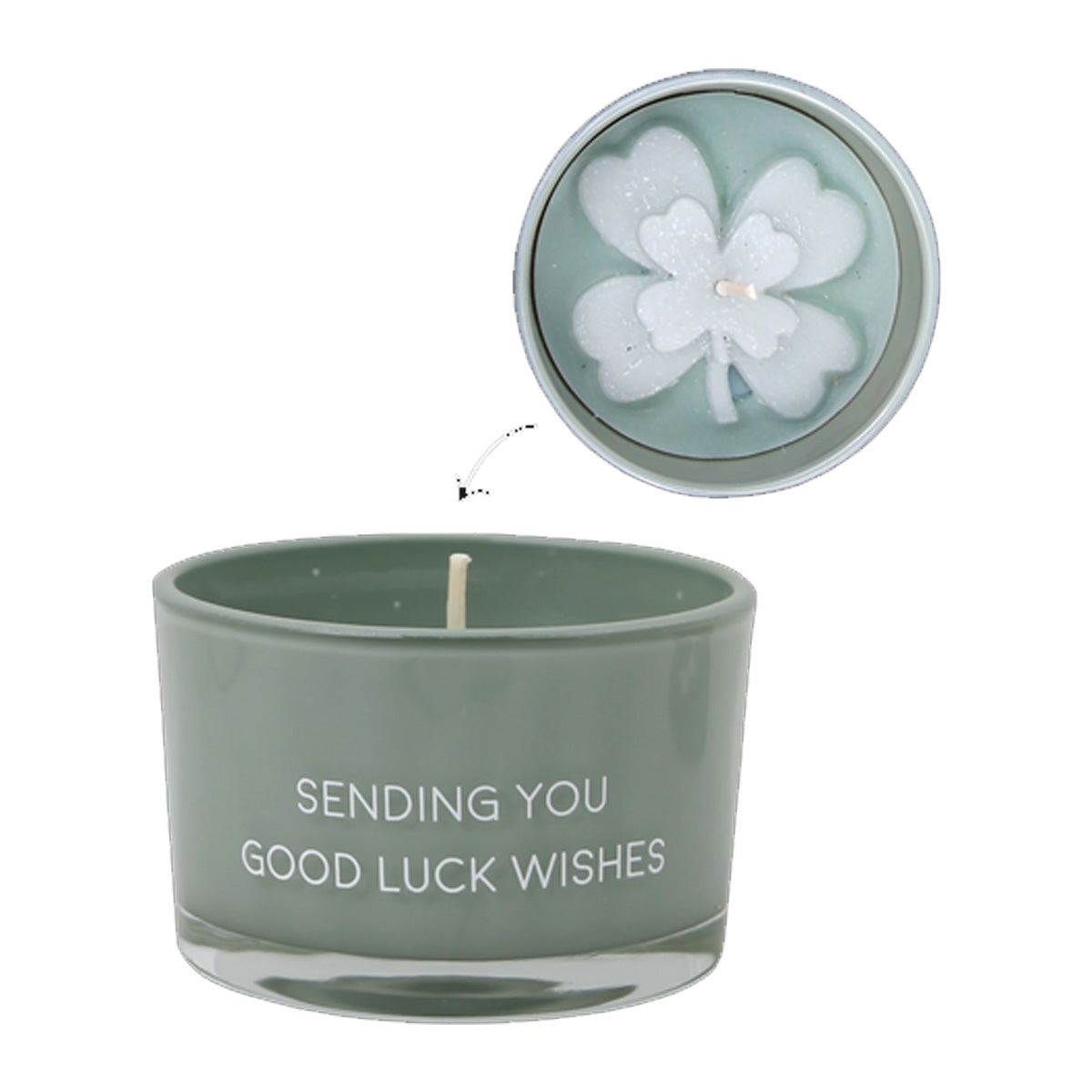 Geurkaars Sending You Good Luck Wishes met groen waxklavertje en gouden letters