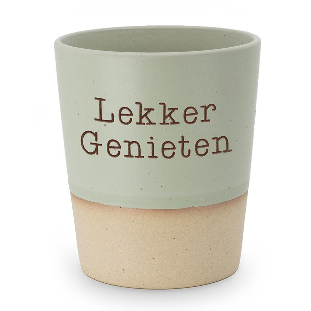 keramische mok in het groen met de tekst lekker genieten.