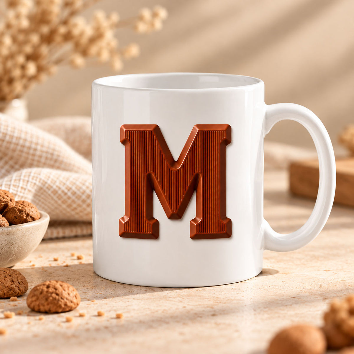 Witte mok met chocoladeletter M als opdruk, verkrijgbaar met letter naar keuze