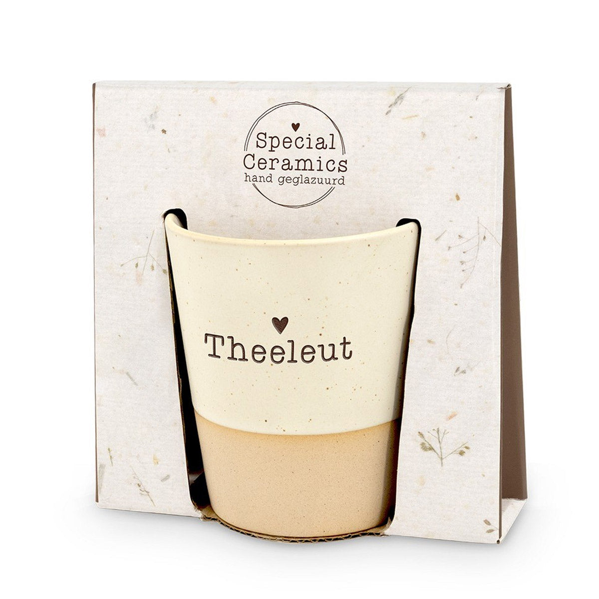 mok met de opdruk theeleut met daarboven een hartje.