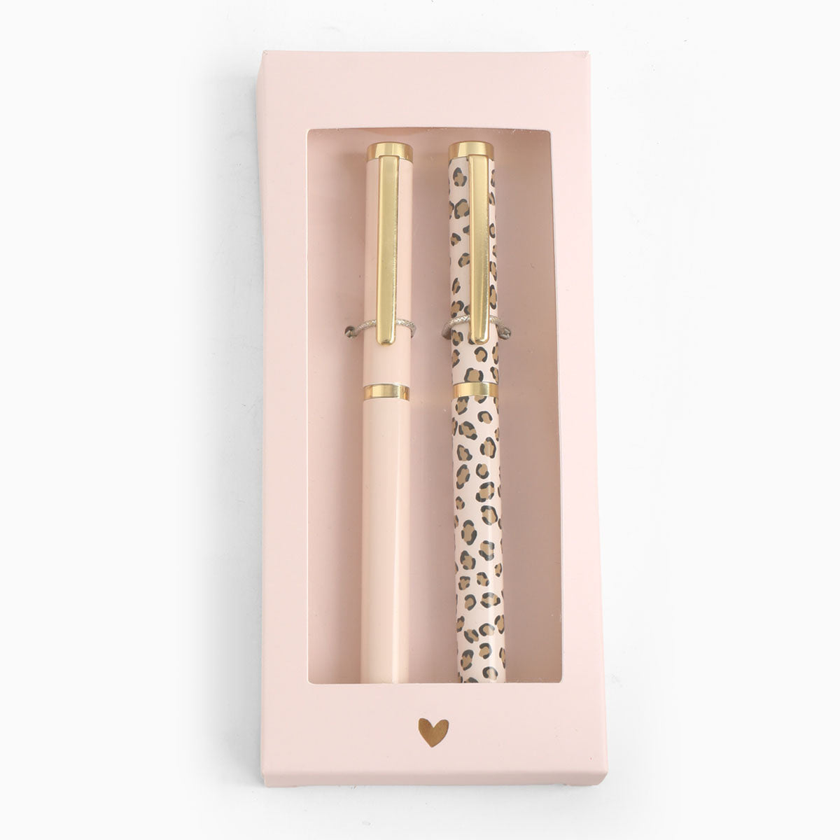 Luxe Pink Leopard pennenset in roze doosje met goud hartje โ twee pennen, roze en roze luipaard met goud
