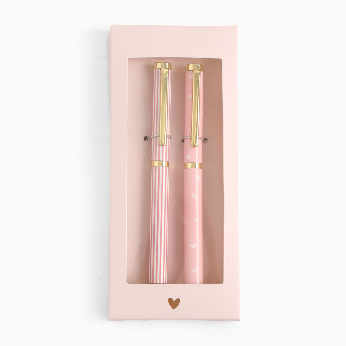 Pennenset Roze Strepen en Hartjes met twee roze pennen in cadeauverpakking