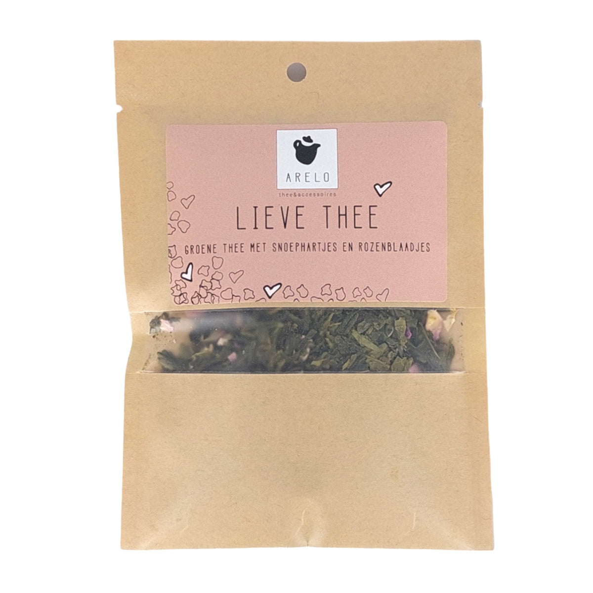 zakje thee met de opdruk lieve thee met snoephartjes en rozenblaadjes