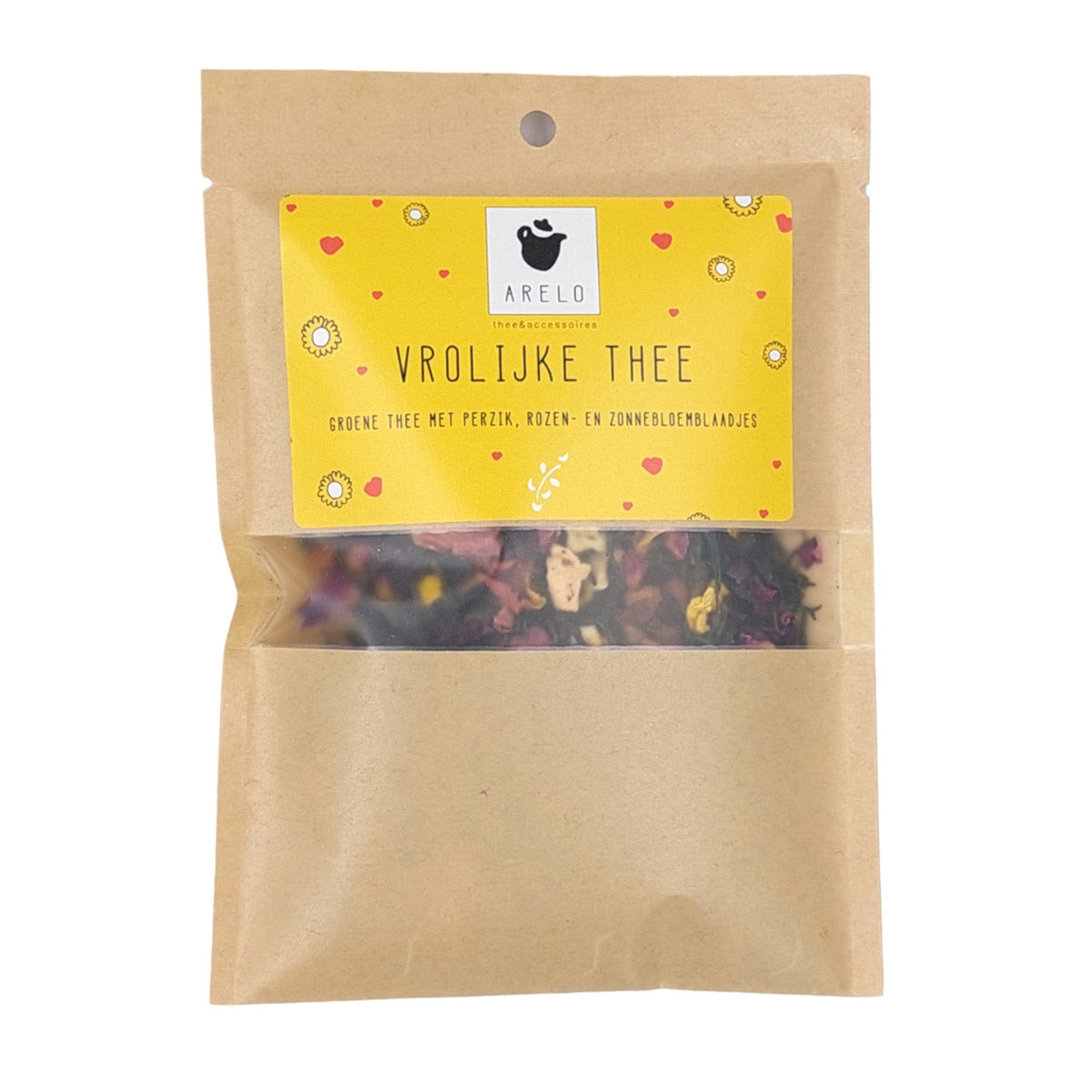 losse thee in zakje van Arelo. Op het zakje staat de tekst Vrolijke thee.
