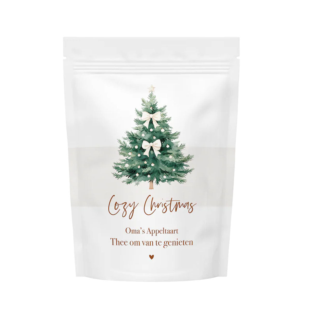Zakje thee met de tekst “Cozy Christmas”, gevuld met 50 gram winterse thee met appeltaartgeur, als sfeervol kerstcadeau.