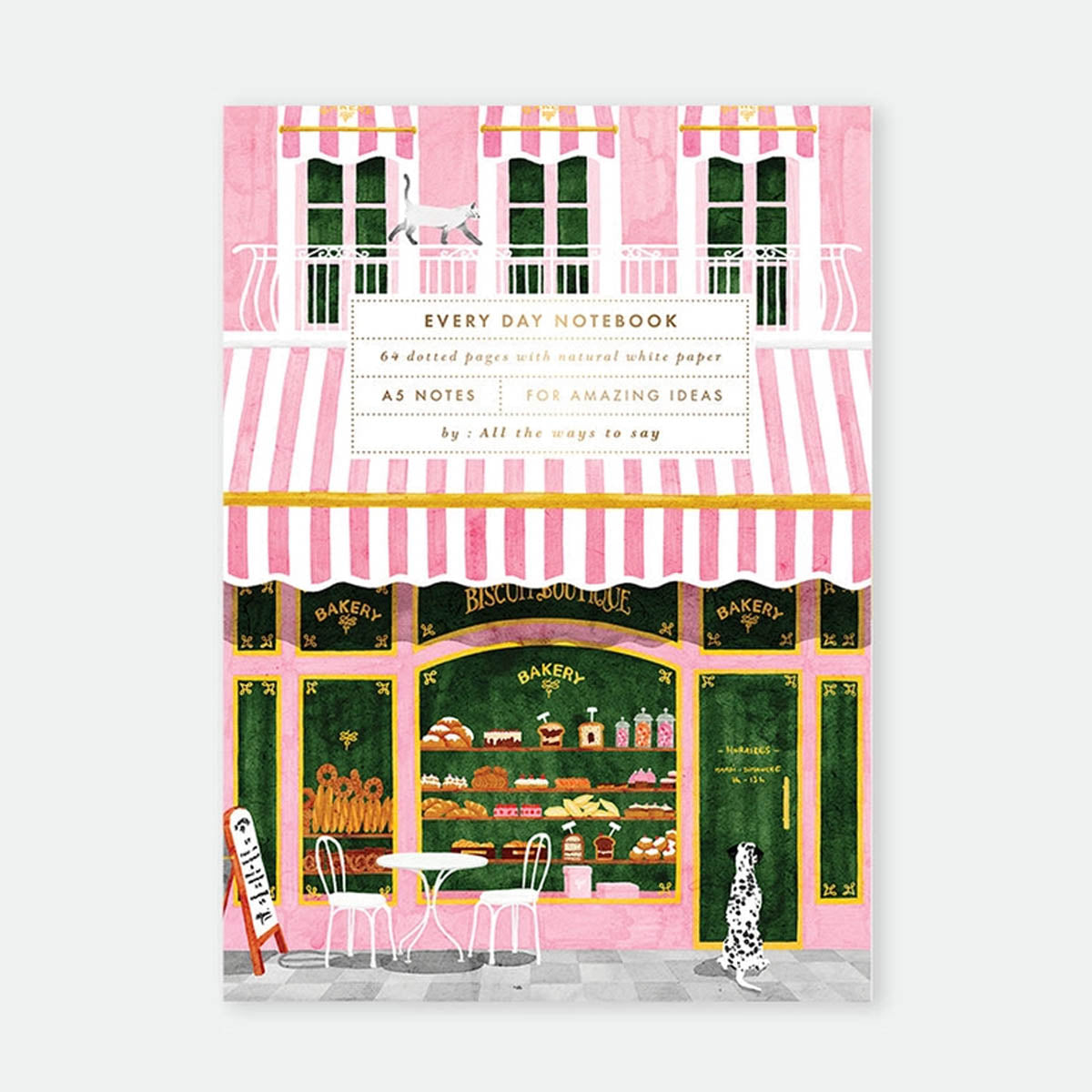 A5 notitieboek met Franse bakkerij illustratie in roze tinten en goudfolie details