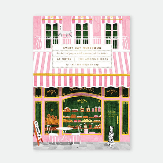 A5 notitieboek met Franse bakkerij illustratie in roze tinten en goudfolie details