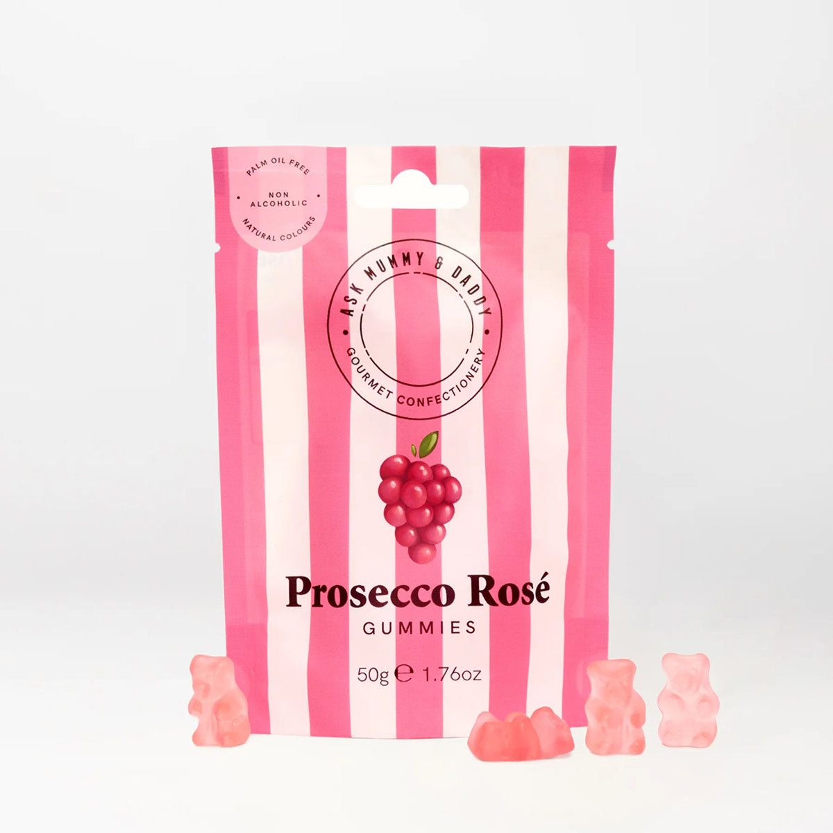Roze zakje Snoep Prosecco Rosé met fruitige beertjes gummies van 50 gram