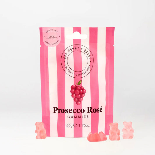 Roze zakje Snoep Prosecco Rosé met fruitige beertjes gummies van 50 gram