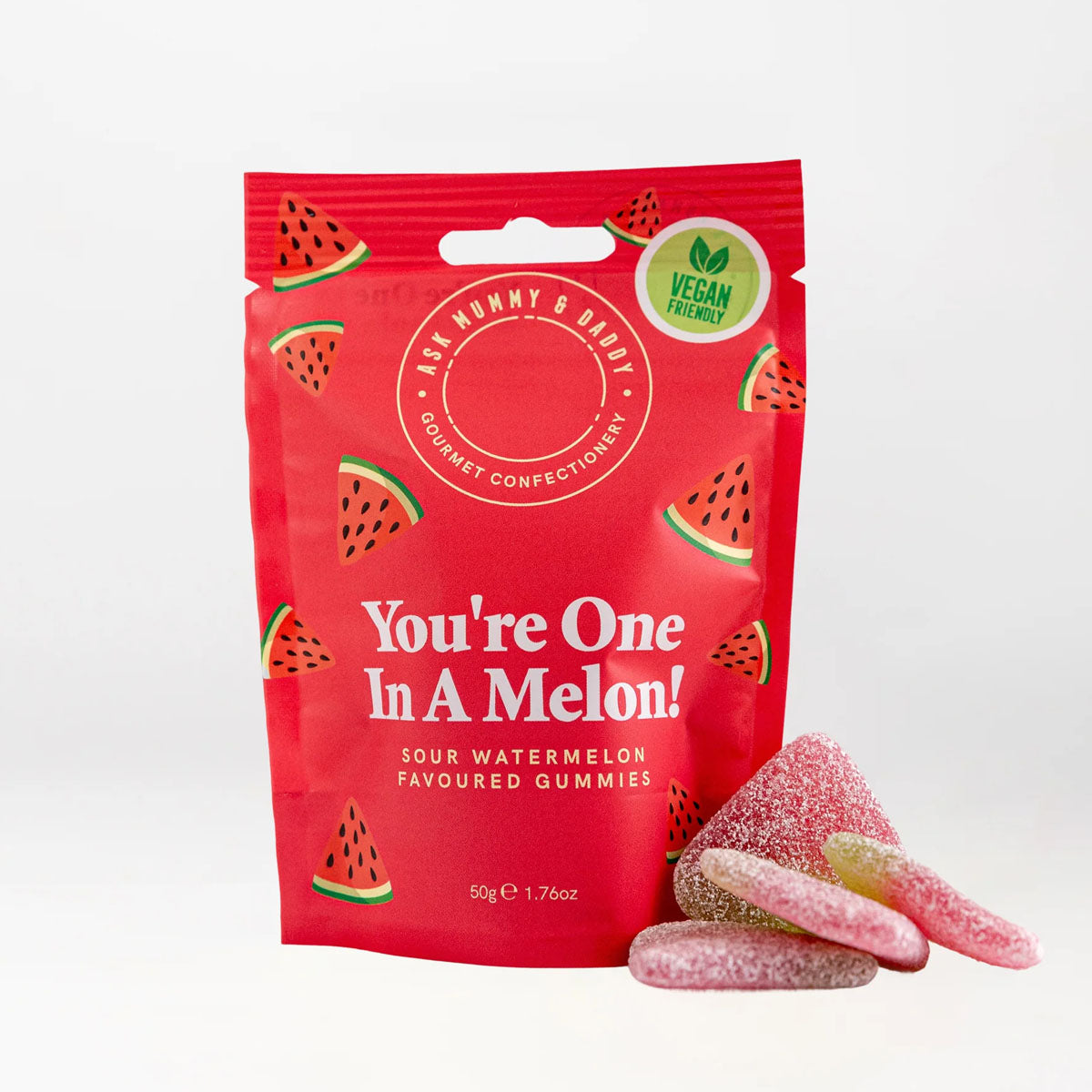 Rood zakje Snoep You're One In A Melon met friszure watermeloen gummies