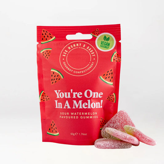 Rood zakje Snoep You're One In A Melon met friszure watermeloen gummies