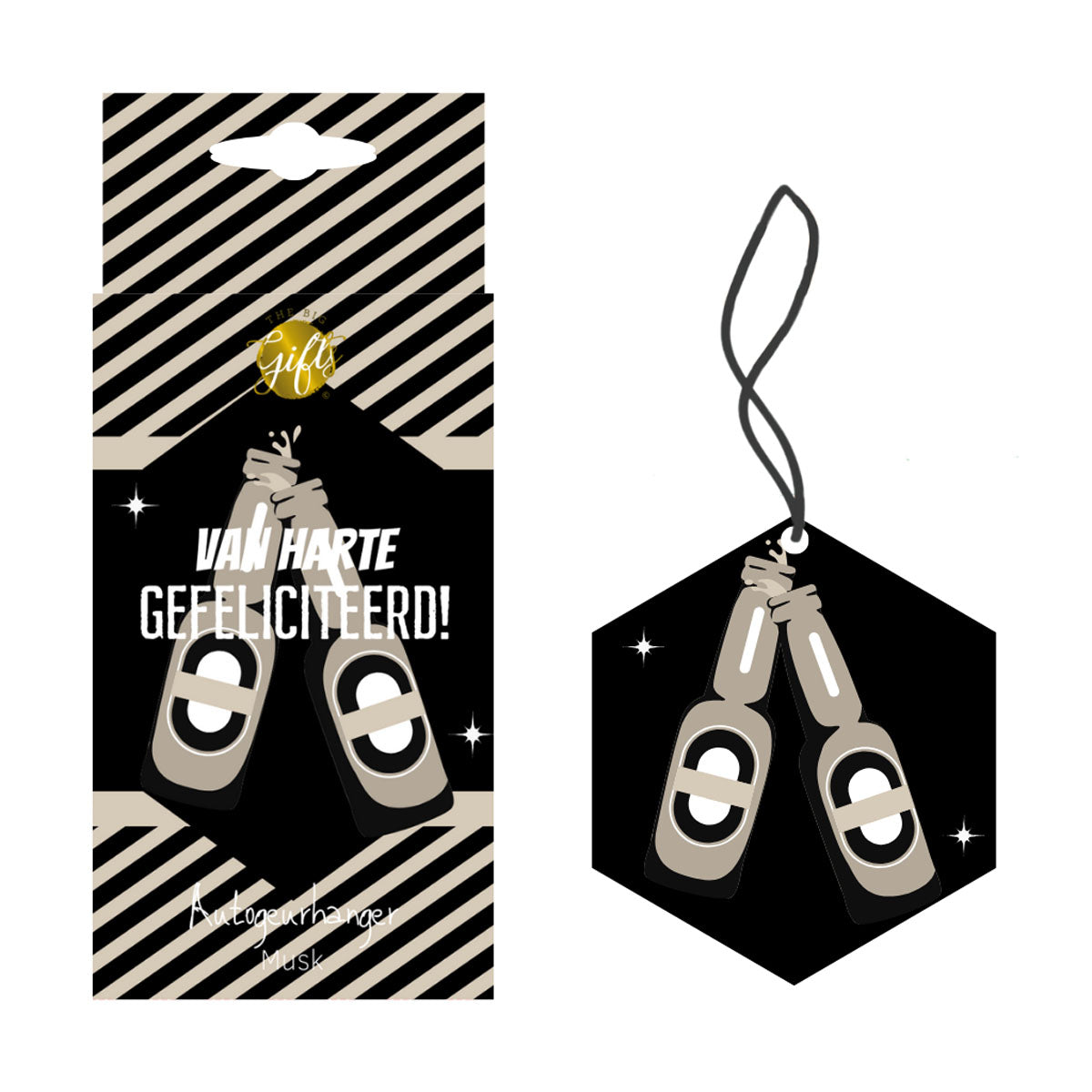 Autogeurhanger van harte gefeliciteerd met twee bierflesjes die proosten