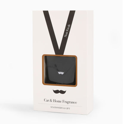 Autoparfum met snor in verpakking geur Noir Fresh voor in de auto