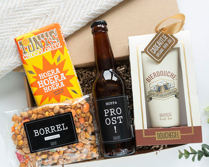 Bier cadeau voor hem met Tony Chocolonely Hoera goudfolie en bierdouche Fresh Hop 150 ml