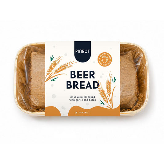 Pineut Bierbrood in Bakvorm 300 gram, kruidige broodmix in houten bakvorm met Beer Bread verpakking.