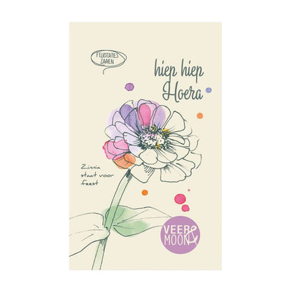 Zadenzakje Hiep Hiep Hoera van Veer & Moon met kleurrijke bloemenillustratie en zinniazaadjes.