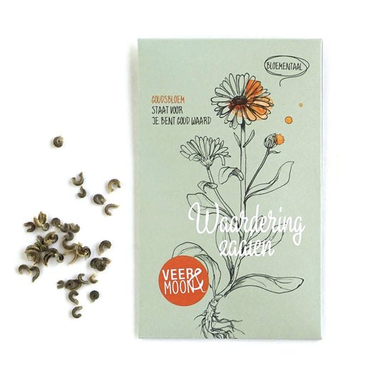 Zakje bloemenzaden waardering zaaien met goudsbloem zaden je bent goud waard