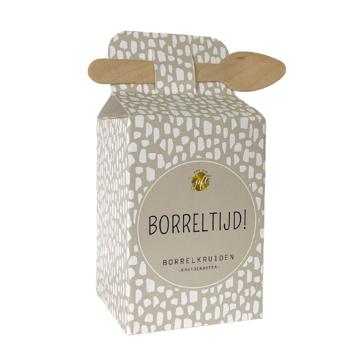 Doosje Borreltijd met houten lepel en kruidenboterkruiden om zelf kruidenboter te maken