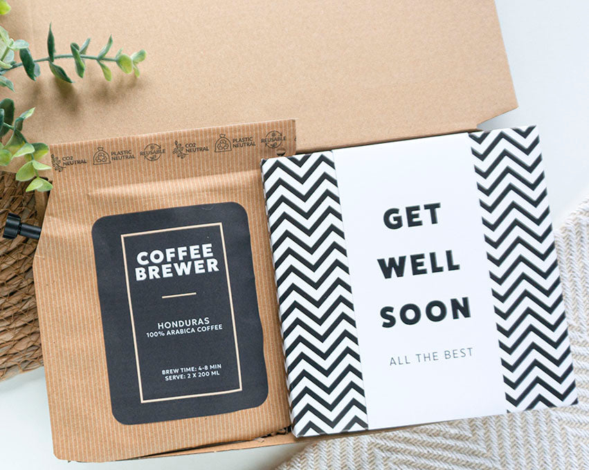 brievenbuscadeau beterschap cadeau kopje troost koffie met coffeebrewer en chocolade get well soon