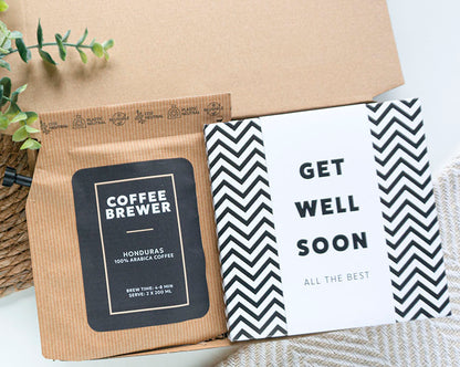 brievenbuscadeau beterschap cadeau kopje troost koffie met coffeebrewer en chocolade get well soon