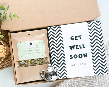 brievenbuscadeau beterschap cadeau kopje troost thee met chocolade en thee-ei in theepotvorm