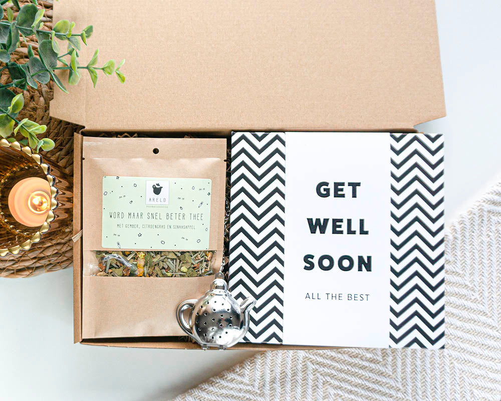 beterschap cadeau met thee, chocolade en thee-ei – lief brievenbuscadeautje om iemand op te vrolijken