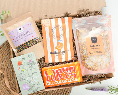 Vrolijk cadeaupakket met bloemenzaden Vrolijkheid Zaaien, bloementhee en Pineut Bath Tea Jasmin Marigold
