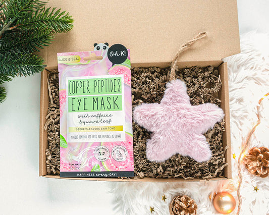 Brievenbuscadeau Warm Gebaar met roze fluffy ster en comfortabel oogmasker voor kerst
