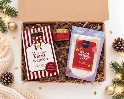 Cadeaupakket Zoete Kerstwensen met chocomelk, marshmallows, popcorn, cakebakmix en kerstkaarsje