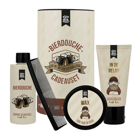 cadeauset bierdouche met daarin wax, een kam, gezichtsbalsem en shampoo en douchegel