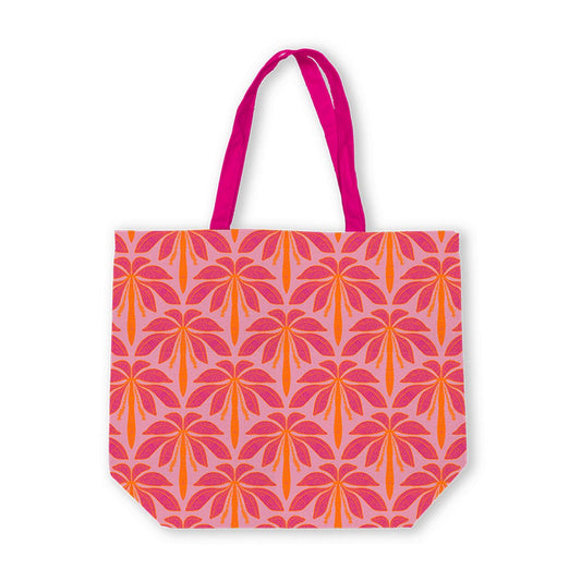 canvas tas met daarop palmbomen in oranje/roze