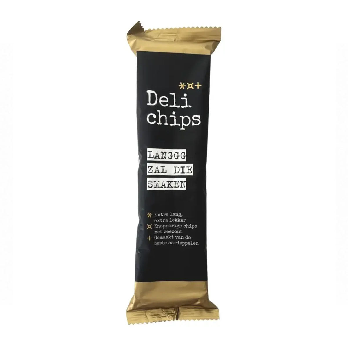 Giving Delicious Delichips Lang Zal Die Smaken 60 gram, extra lange aardappelchips met zeezout in zwart-gouden verpakking.