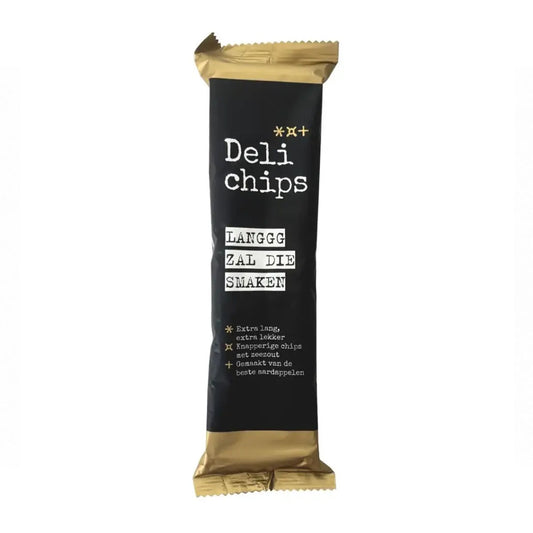 Giving Delicious Delichips Lang Zal Die Smaken 60 gram, extra lange aardappelchips met zeezout in zwart-gouden verpakking.