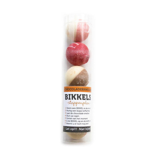 Koker met 5 chocolade bikkels in verschillende smaken