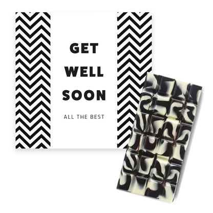 chocolade in doosje om beterschap te wensen met de tekst get well soon
