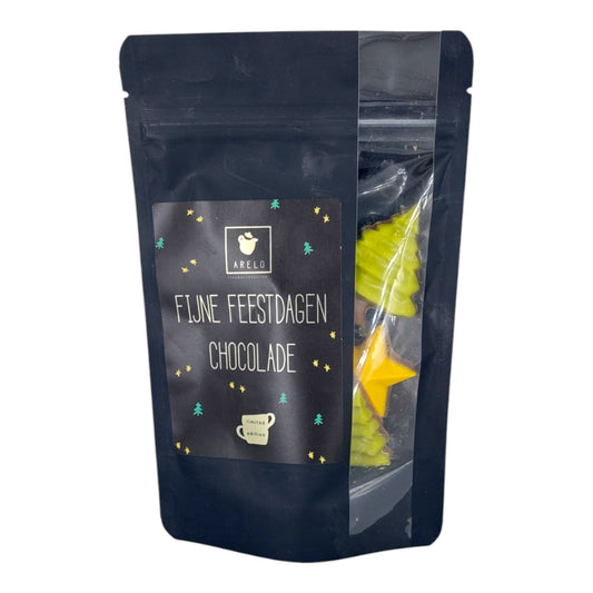 Fijne Feestdagen chocolade van Arelo met 6 chocolaatjes in de vorm van kerstbomen en sterren, 60 gram.