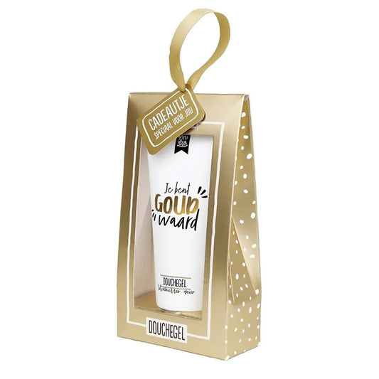 douchegel in goudkleurige verpakking met de tekst je bent goud waard
