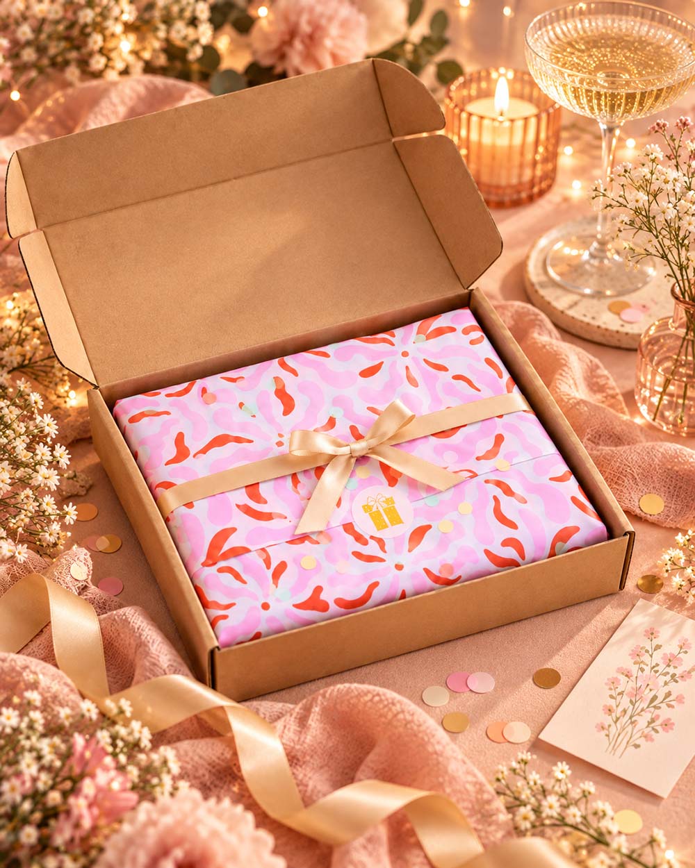 Feestelijk verjaardagscadeau voor een vrouw met ingepakt cadeau, bloemen en confetti