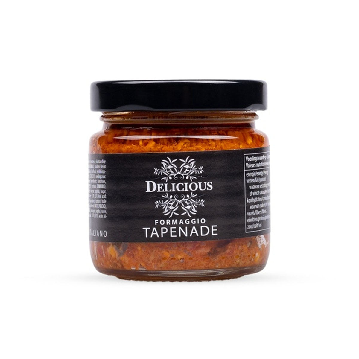 Delicious Tapenade Formaggio 106 ml met oude kaas in glazen potje met zwart deksel.