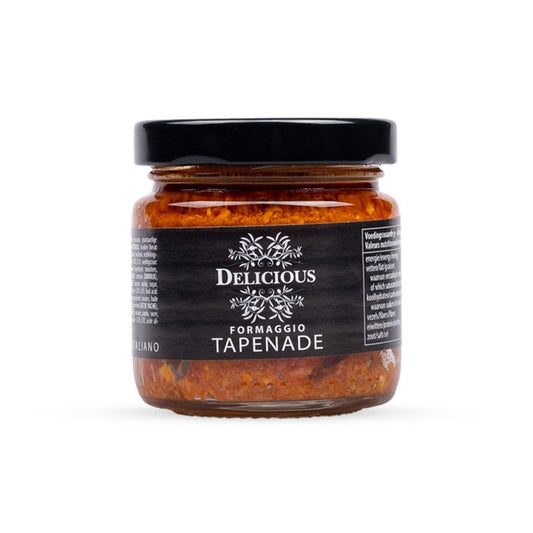 Delicious Tapenade Formaggio 106 ml met oude kaas in glazen potje met zwart deksel.