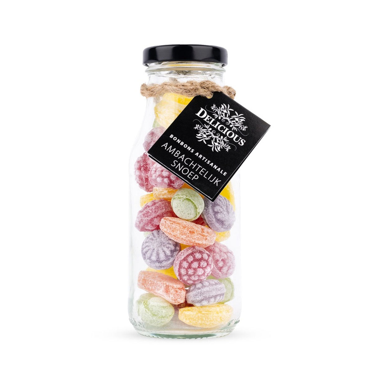 Delicious Fruitige Snoepmix 180 gram met kleurrijke ouderwetse snoepjes in een glazen flesje met zwart etiket.