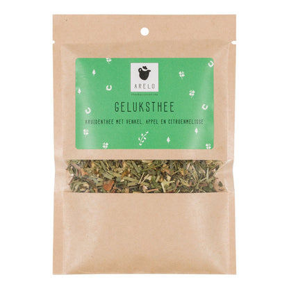 Geluksthee 25 gram in kraft zakje met venster en klavertjes vier en hoefijzers