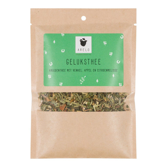 Geluksthee 25 gram in kraft zakje met venster en klavertjes vier en hoefijzers