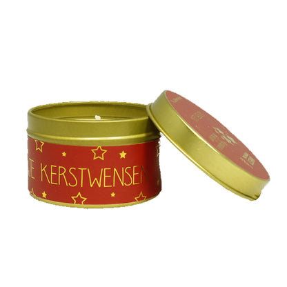Rode geurkaars in blik Een Blikje Kerstwensen met goudkleurig deksel