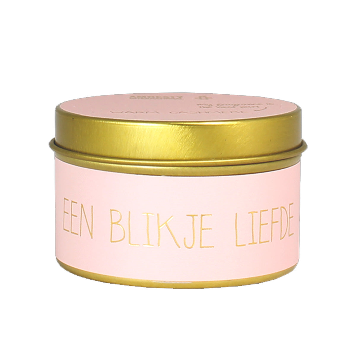 Geurkaars in blik Een Blikje Liefde met roze label en goudkleurig blik