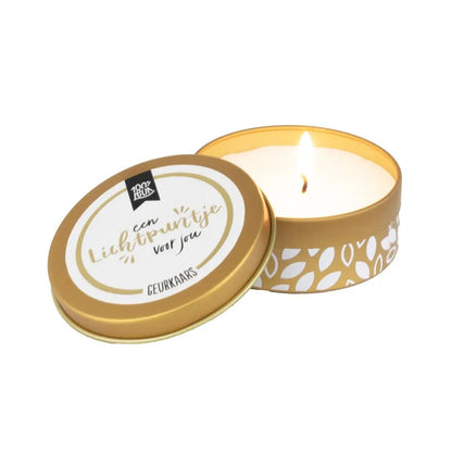 geurkaars in blikje met de tekst een lichtpuntje voor jou