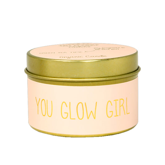 Geurkaars in blik You Glow Girl met biologische sojawas en geur Green Tea Time